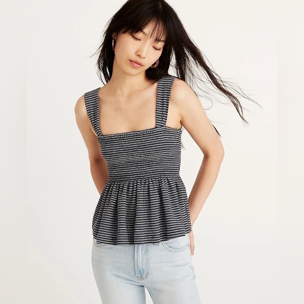 Madewell Texture and Thread Smocked Peplum Striped Navy Tank Top